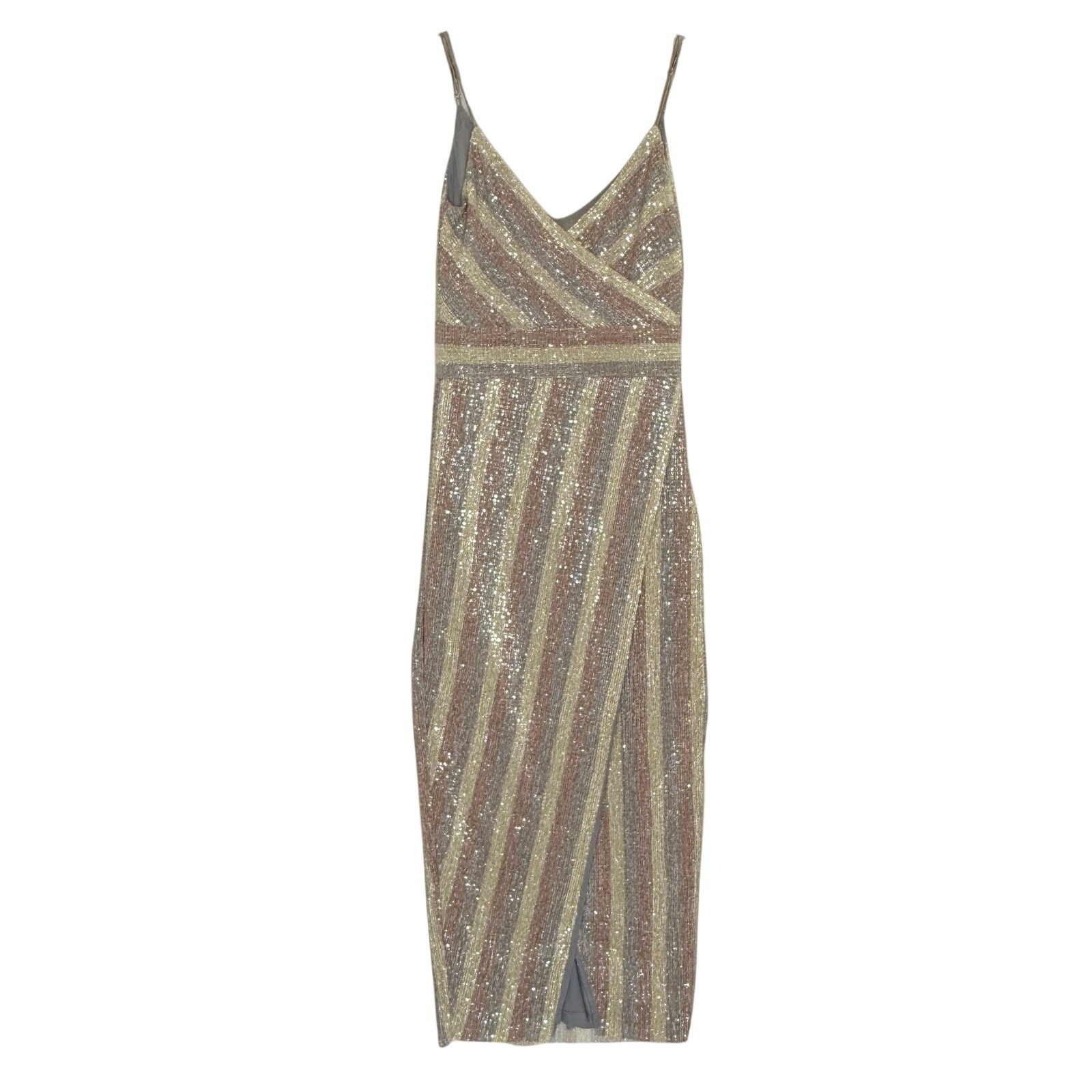 Saylor Meghan Midi Dress S Sequin Faux Wrap Striped Pattern Cocktail Party